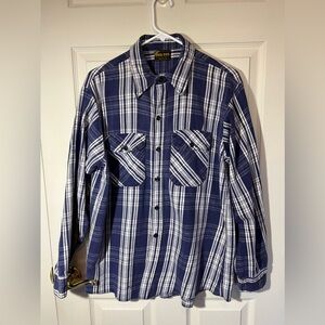 Vintage Dee Cee Blue White Plaid Long Sleeve Button Flannel Front Pockets SZ 1